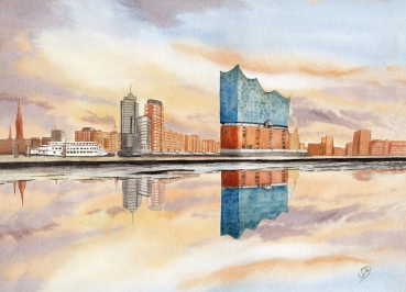 Postkarte DIN-A6 Aquarell Maritim Kunst Druck Kunstdruck Nordsee Hamburg Alster Elbphilharmonie - HH2